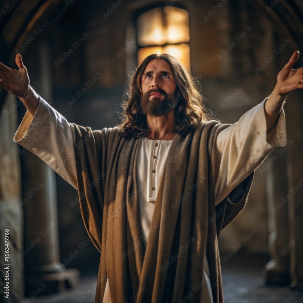 Naklejka premium Jesus with Open Arms A warm and inviting Jesus with his arms open wide, offering love and grace to all.