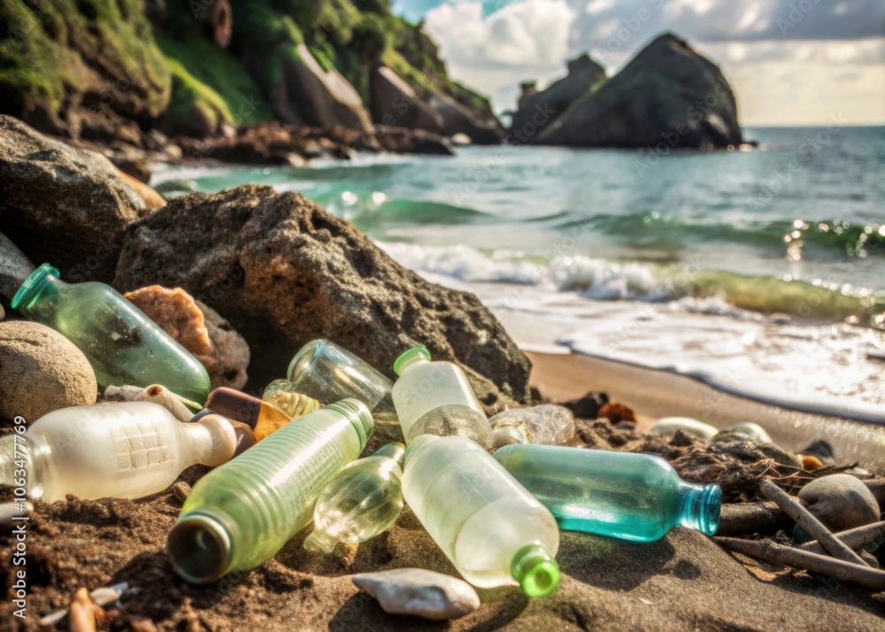 Plastic bottles and trash washed up on a pristine beach, symbolizing the human impact on natural environments. Plastic bottles and trash washed up on a pristine beach, symbolizing the human impact on natural environments.