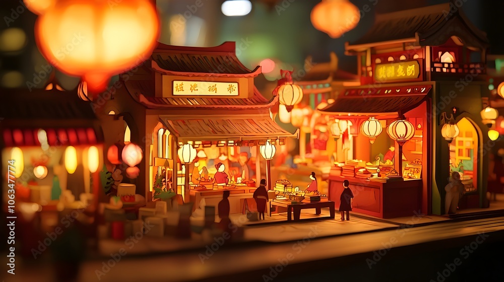 Detailed paper cut style of a bustling Asian market scene with layered stalls vibrant lanterns and various food and merchandise displays Showcasing the vibrant culture commerce Detailed paper cut style of a bustling Asian market scene with layered stalls vibrant lanterns and various food and merchandise displays Showcasing the vibrant culture commerce