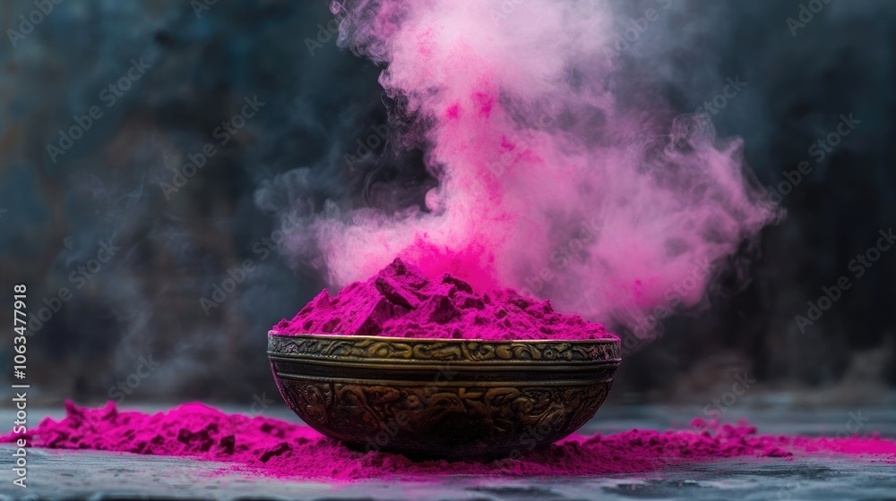 Smoke billows from a bowl filled with vibrant pink powder, creating an intriguing atmosphere. The pink powder adds a dramatic effect, enhancing the overall visual appeal. Smoke billows from a bowl filled with vibrant pink powder, creating an intriguing atmosphere. The pink powder adds a dramatic effect, enhancing the overall visual appeal.