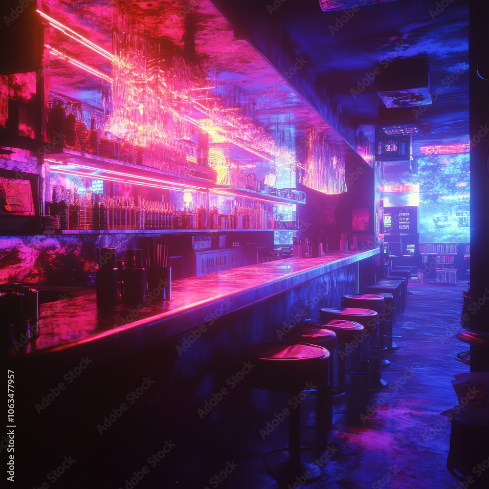 Step into a neon cyberpunk bar where digital decay meets glitchy textures, creating an immersive atmosphere of futuristic nightlife.