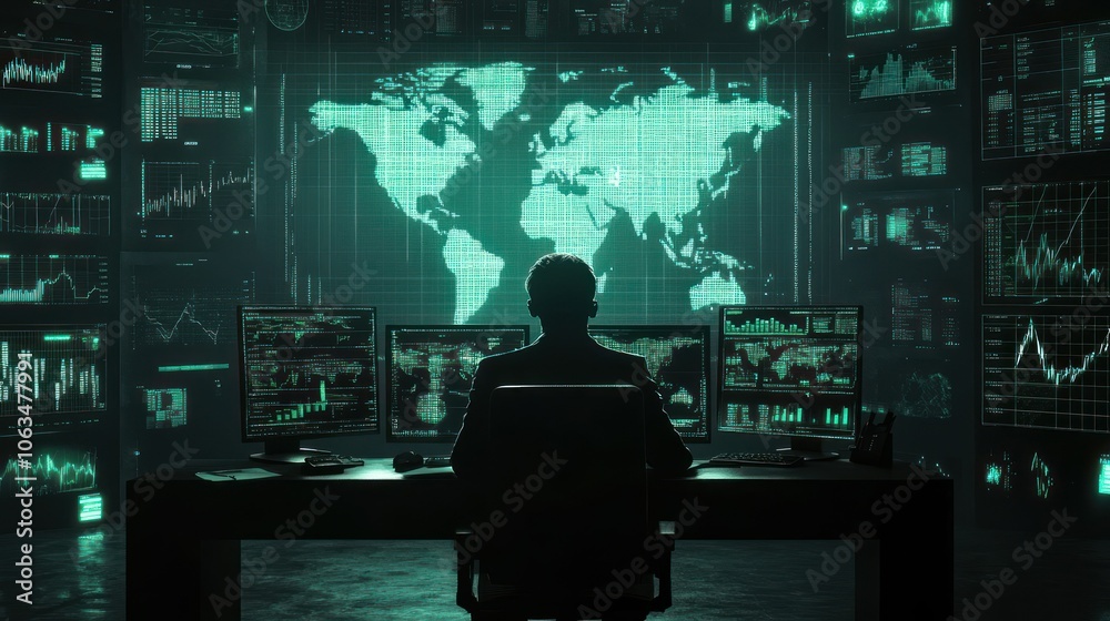 Silhouette of a man sitting watching the monitor map of the digital cyber world, economic development background wallpaper AI generated image Silhouette of a man sitting watching the monitor map of the digital cyber world, economic development background wallpaper AI generated image