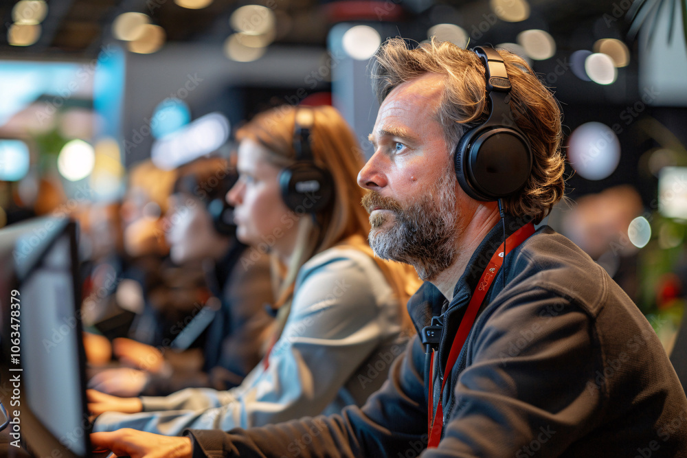 Individuals are deeply engaged in their tasks at a bustling tech conference, surrounded by displays and networking opportunities, showcasing a vibrant atmosphere of innovation and collaboration