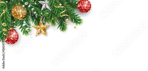 Christmas tree decoration. Holiday fir tree garland, festive corner. Winter season frame, realistic spruce branch with red and gold Christmas glitter ornaments. Transparent background in vector file.