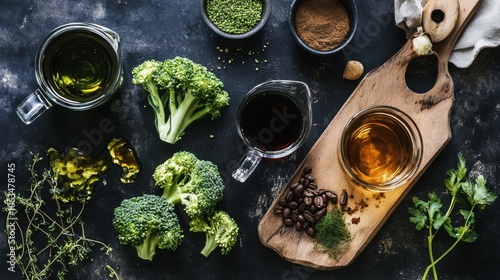 A detailed flat lay of a healthy meal prep, including blanched