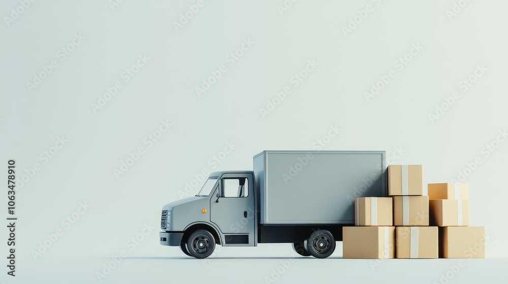 Small delivery truck with miniature boxes neatly stacked beside it, all set on a clean white background, emphasizing logistics Small delivery truck with miniature boxes neatly stacked beside it, all set on a clean white background, emphasizing logistics