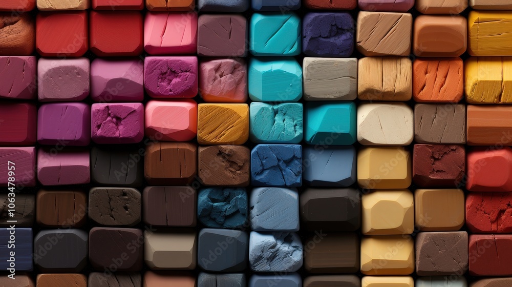 A colorful array of rectangular blocks in various shades of pink, blue, brown, orange, and red, arranged in a grid pattern, showcasing a vibrant and textured composition. A colorful array of rectangular blocks in various shades of pink, blue, brown, orange, and red, arranged in a grid pattern, showcasing a vibrant and textured composition.