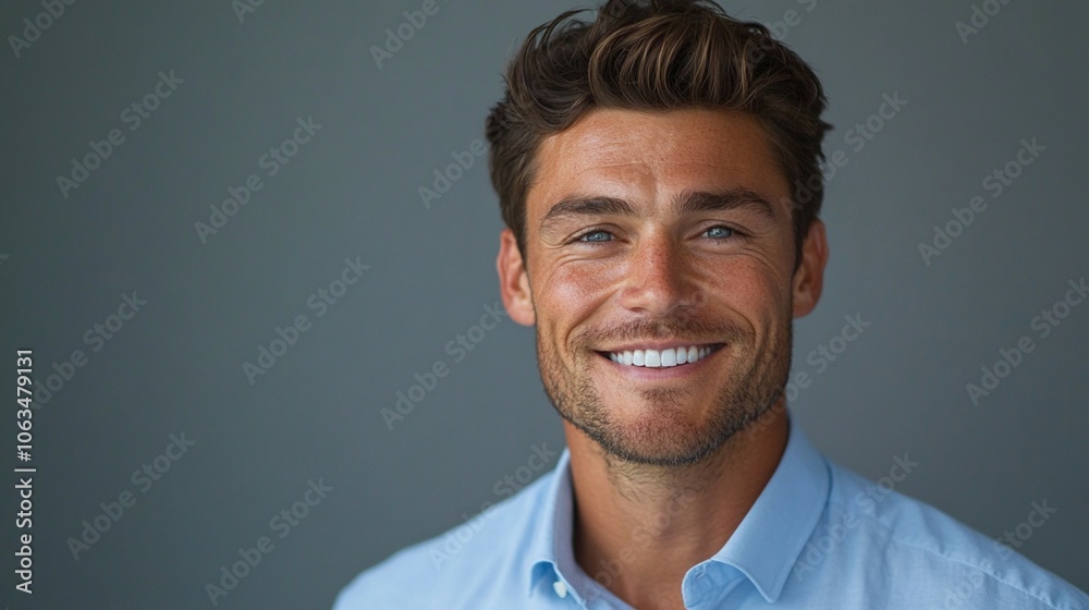 A man in a blue shirt smiles confidently, set against a gray background.