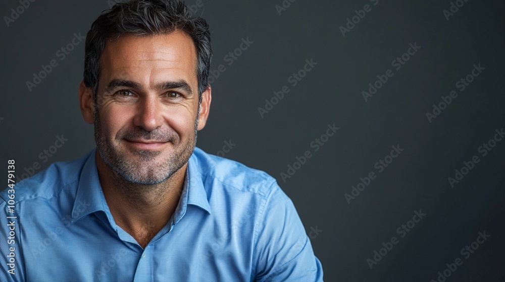 Smiling businessman in a blue shirt, isolated on a gray backdrop. Smiling businessman in a blue shirt, isolated on a gray backdrop.