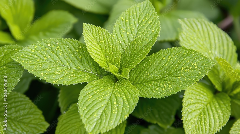 Fresh Green Mint Leaves with Water Droplets Fresh Green Mint Leaves with Water Droplets