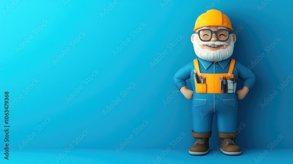 A cheerful cartoon construction worker with glasses and a hard hat, standing against a blue background. A cheerful cartoon construction worker with glasses and a hard hat, standing against a blue background.