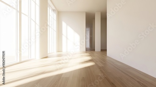 Wallpaper Mural New apartment interior design featuring a clean aesthetic with white walls and a wooden floor, creating an inviting space that emphasizes minimalism and comfort, with ample copy space. Torontodigital.ca