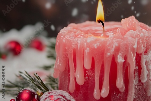 A festive pink candle flickers amidst snowflakes and holiday decorations. Generative AI