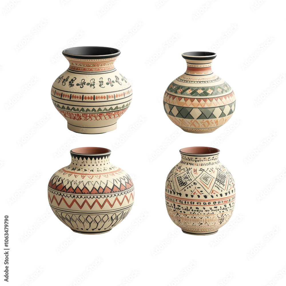 Set of Four Hand-Painted Ceramic Vases with Geometric Patterns Set of Four Hand-Painted Ceramic Vases with Geometric Patterns