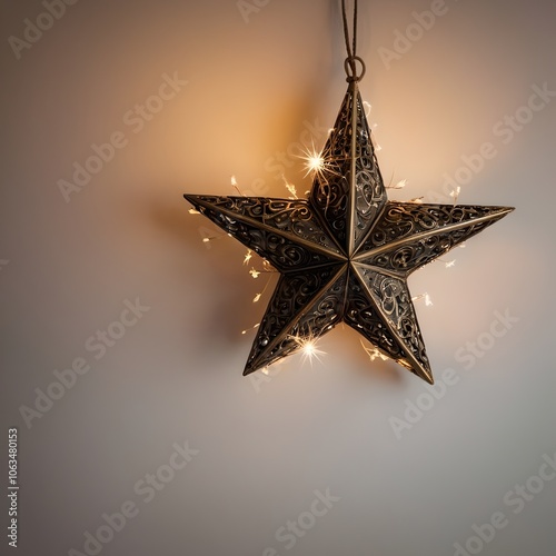 a star hanging from a string with lights hanging from it