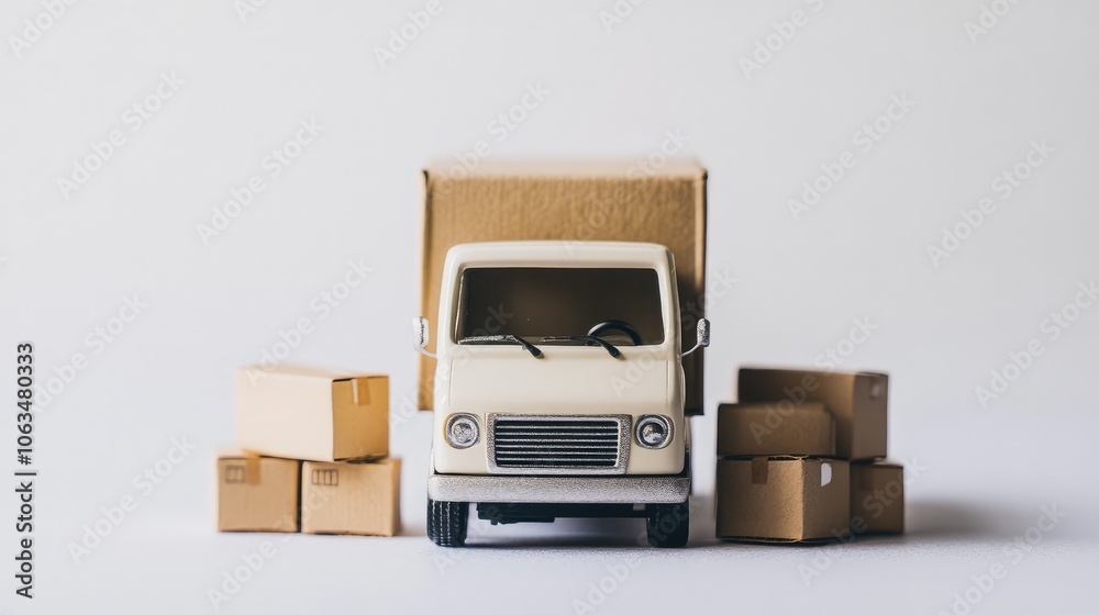 Tiny delivery truck with cardboard boxes arranged in front, set against a white background, symbolizing shipping processes Tiny delivery truck with cardboard boxes arranged in front, set against a white background, symbolizing shipping processes