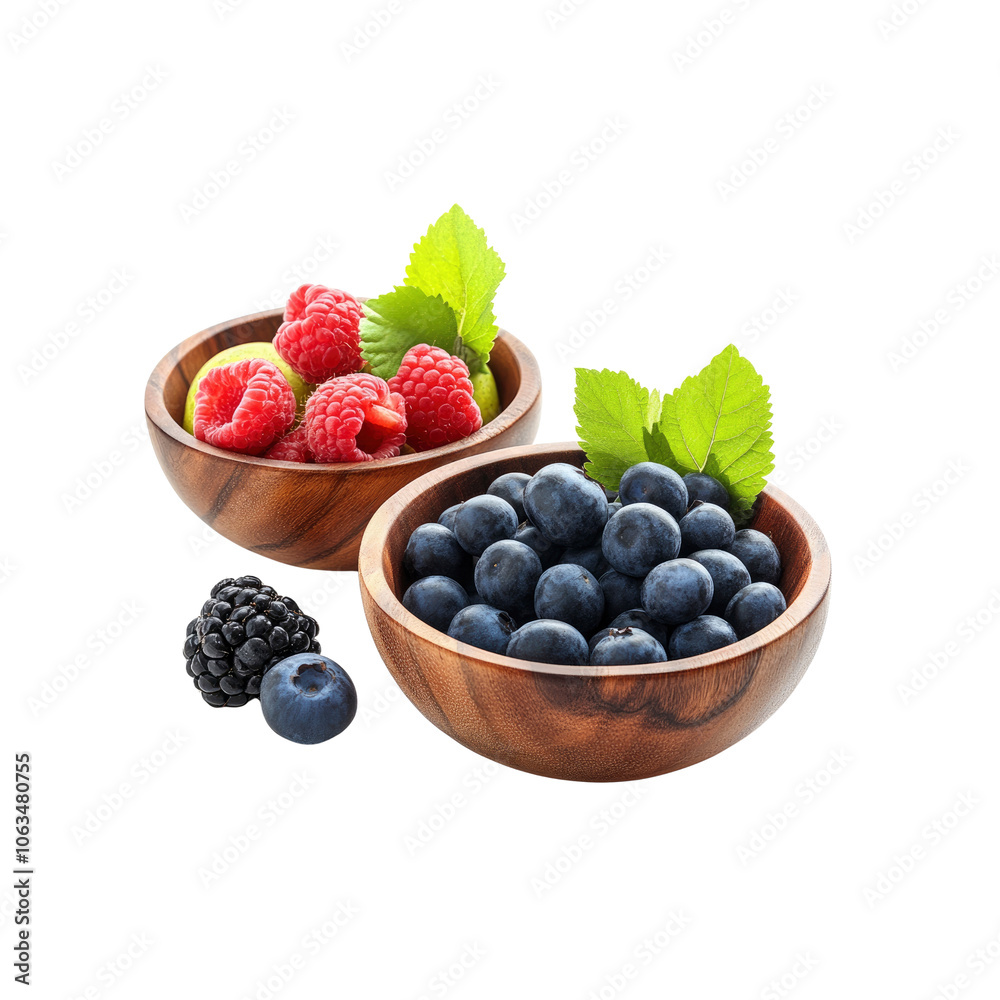 Fresh Blueberries and Raspberries in Wooden Bowls Fresh Blueberries and Raspberries in Wooden Bowls