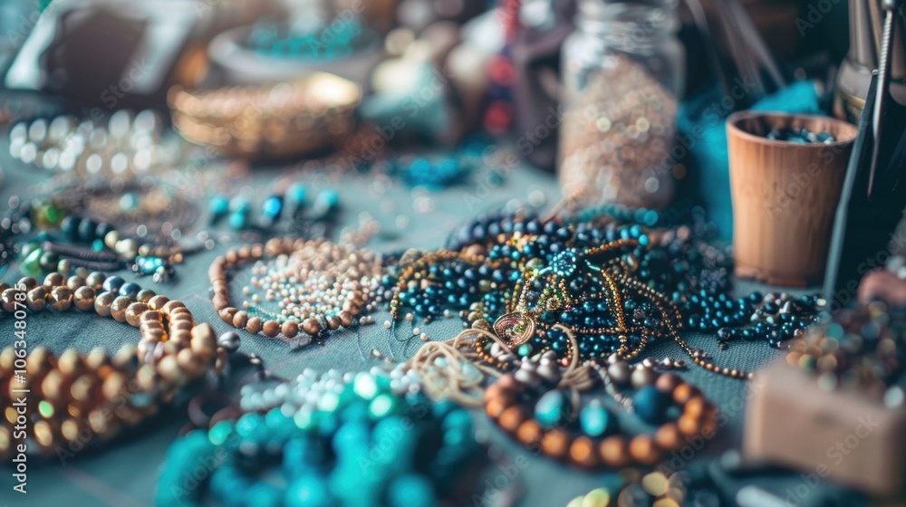 Unfocused shot of a variety of jewelry making materials tered on a table Unfocused shot of a variety of jewelry making materials tered on a table