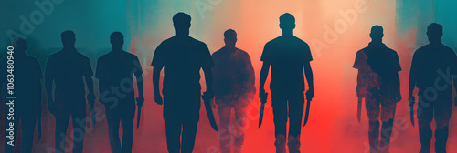 Silhouettes of ominous figures holding weapons in misty, eerie light, evoking suspense, horror, thriller, mystery, and fear, ideal for crime, horror themes, and dark atmosphere

