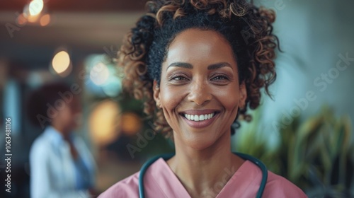 Portrait of a smiling healthcare worker in a pink uniform, exuding warmth and positivity, with a blurred background of a medical environment.