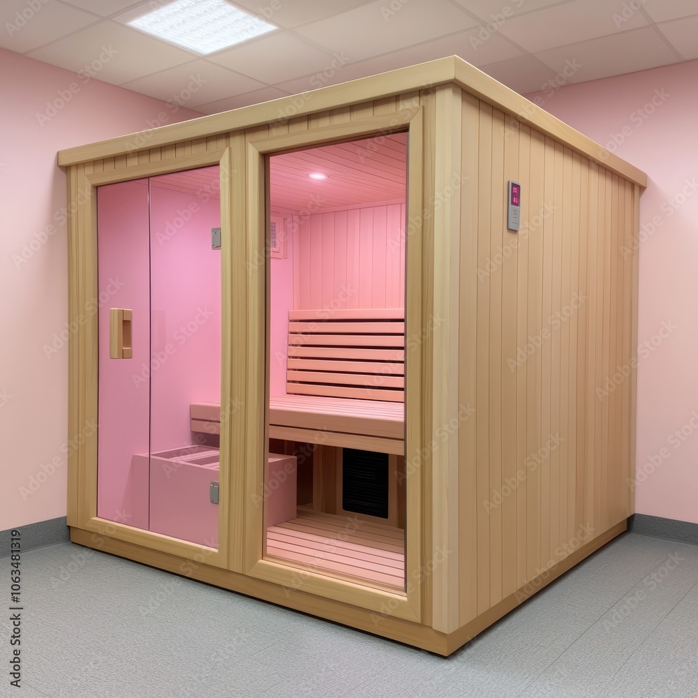 A modern sauna with a glass door and pink interior lighting.