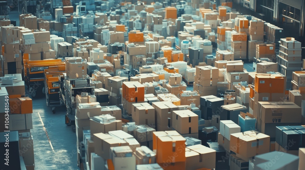 Wide shot of a large warehouse area cluttered with various parcel boxes, illustrating the growth of e-commerce Wide shot of a large warehouse area cluttered with various parcel boxes, illustrating the growth of e-commerce