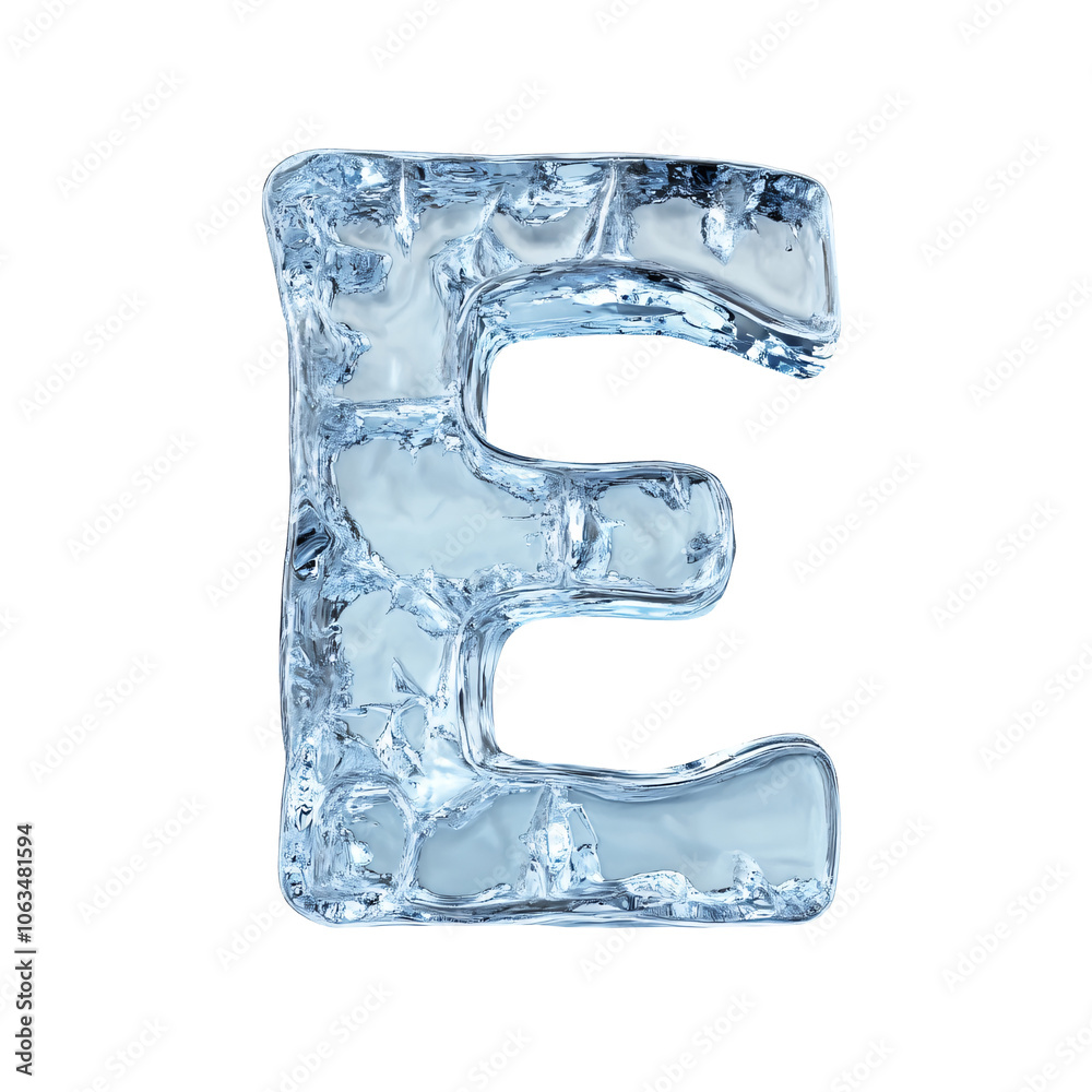 3D alphabet, 3D Ice Carved Letter E with Crystal Texture on white and transparent Background 3D alphabet, 3D Ice Carved Letter E with Crystal Texture on white and transparent Background