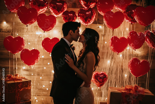 romantic couple kissing in front of heart shaped balloon backdrop