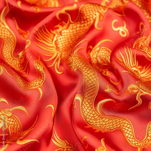 Wallpaper Mural A vibrant red fabric featuring intricate golden dragon patterns. Torontodigital.ca