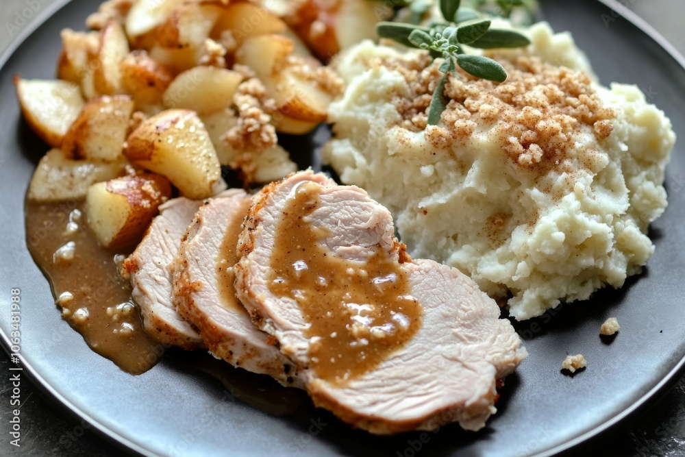 Thanksgiving Meal: Sliced turkey roast with gravy sauce. Served on a dark plate with, stuffing, mashed potatoes dashed with seasoning. Dinner.
