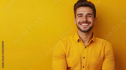 Photo of nice young man beaming smile wear shirt isolated on yellow color background