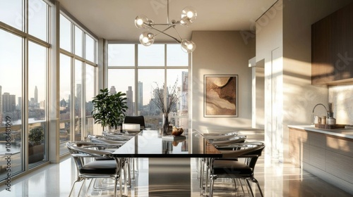 Modern Dining Room with Sleek Glass Table, Chrome-Plated Chairs, and Minimalist Chandelier