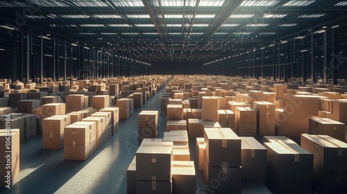 Wide view of a warehouse filled with countless parcel boxes, highlighting the impact of e-commerce on retail