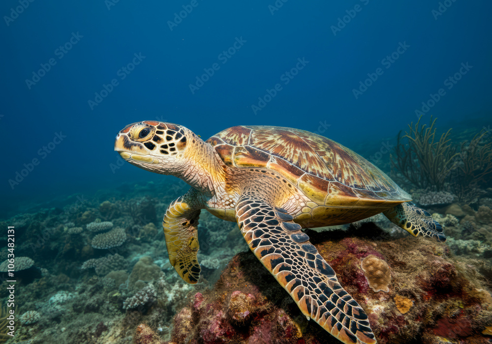 Fototapeta premium Hawksbill Turtle eretmochelys imbricata floats under water. Maldives Indian Ocean coral reef, wild life
