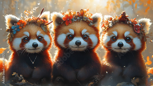 An Enchanting Whimsical Illustration of Expressive Red Pandas in a Dreamy Vintage Aesthetic with Floral Crowns and Unique Accessories