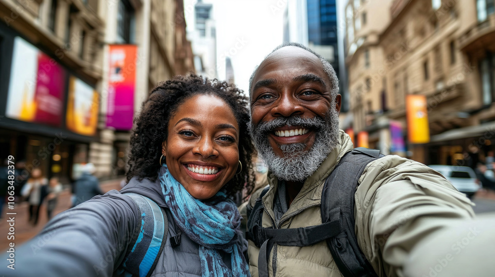 Happy Senior Couple Taking a Selfie in a Bustling City Street, Exploring Urban Life Together - Horizontal Happy Senior Couple Taking a Selfie in a Bustling City Street, Exploring Urban Life Together - Horizontal