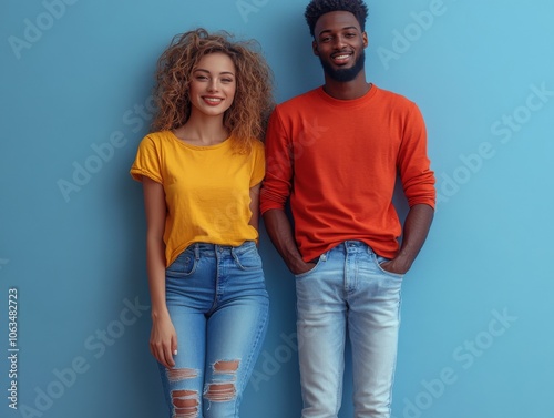 Two smiling individuals stand against a solid blue background, wearing casual outfits in bright colors.