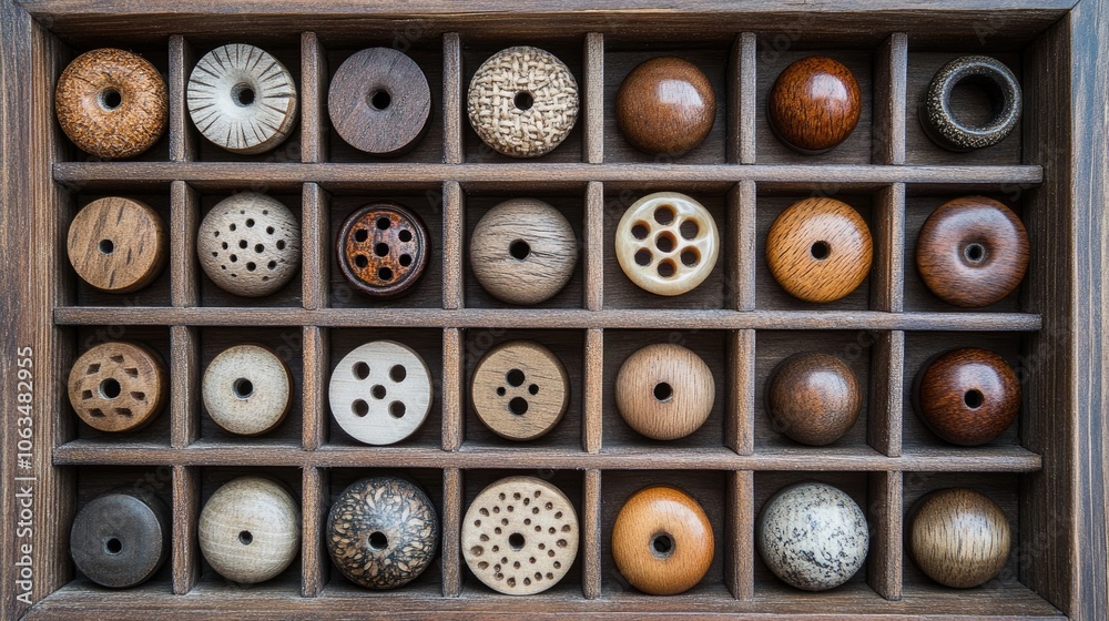Fototapeta premium Wood furniture knobs arranged artistically in a rustic wooden box, creating a charming display of wood furniture knobs with ample copy space for design elements.