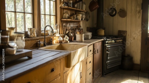 Rustic Kitchen with Wooden Cabinets, Farmhouse Sink, and Old-Fashioned Range Stove