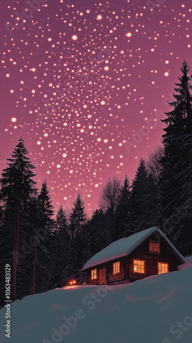 A peaceful snowy landscape with a charming cottage softly illuminated from within, surrounded by snow-covered trees under a starry winter sky, capturing serene winter beauty