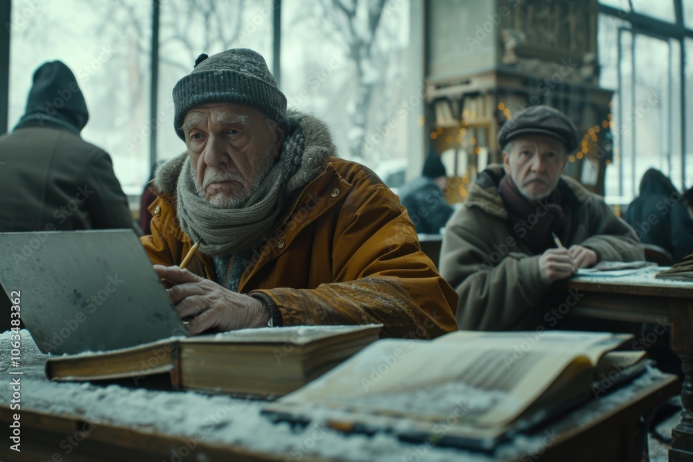 Two elderly men sit in a classroom with books and papers, working together in a cozy winter setting by a large window. Two elderly men sit in a classroom with books and papers, working together in a cozy winter setting by a large window.