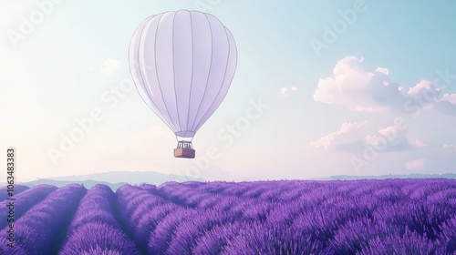 Hot air balloon over blooming lavender fields under a clear blue sky.