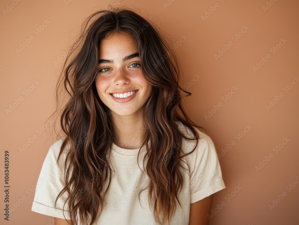 A young woman with long, wavy hair smiles confidently against a warm, solid background, exuding a friendly and approachable aura. A young woman with long, wavy hair smiles confidently against a warm, solid background, exuding a friendly and approachable aura.