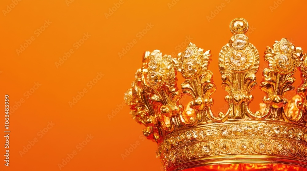 Fototapeta premium Gold crown against a vibrant orange background, emphasizing a regal theme. This gold crown captures the essence of royalty with ample space for text or design elements.