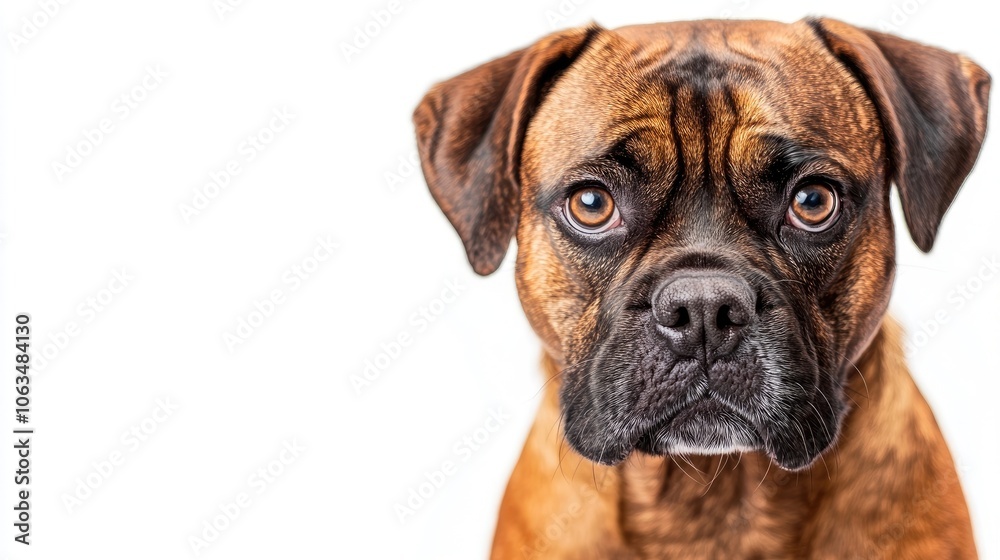 Adorable dog Fido displays a stern look against a white background, capturing the essence of an adorable dog with an expressive demeanor. Ideal for various creative projects with copy space. Adorable dog Fido displays a stern look against a white background, capturing the essence of an adorable dog with an expressive demeanor. Ideal for various creative projects with copy space.