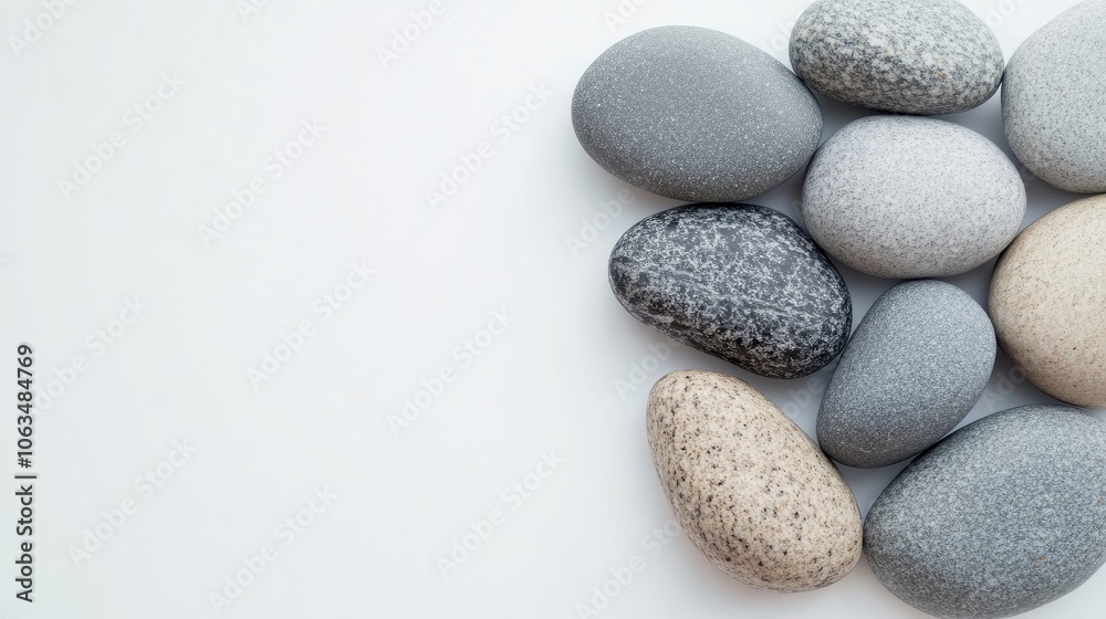 Smooth, natural rounded stones arranged on a white background create a serene composition. These natural rounded stones offer a calming aesthetic and ample copy space for design purposes. Smooth, natural rounded stones arranged on a white background create a serene composition. These natural rounded stones offer a calming aesthetic and ample copy space for design purposes.