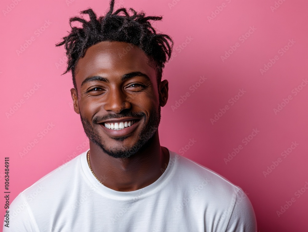 A confident, diverse man is smiling warmly against a solid pink background, conveying a positive and vibrant mood. A confident, diverse man is smiling warmly against a solid pink background, conveying a positive and vibrant mood.
