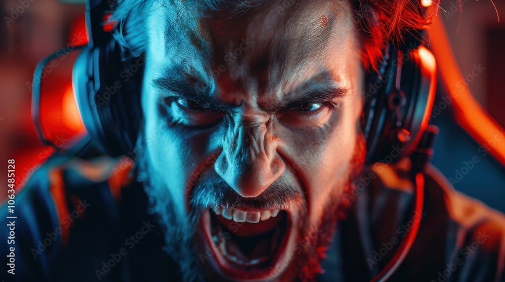 A gamer wearing headphones appears frustrated, clenching his teeth in a gaming environment lit with vibrant red and blue hues. A gamer wearing headphones appears frustrated, clenching his teeth in a gaming environment lit with vibrant red and blue hues.
