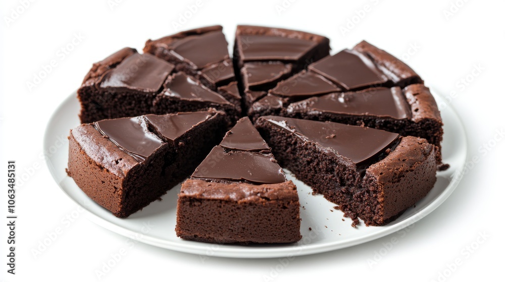 Chocolate Fudge Sliced Cake Isolated Background White Round Plate Chocolate Fudge Sliced Cake Isolated Background White Round Plate