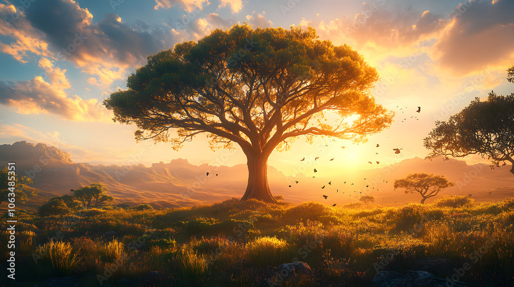 A Serene Landscape Featuring a Majestic Araucaria Tree Bathed in Warm Sunlight Against a Clear Blue Sky A Serene Landscape Featuring a Majestic Araucaria Tree Bathed in Warm Sunlight Against a Clear Blue Sky